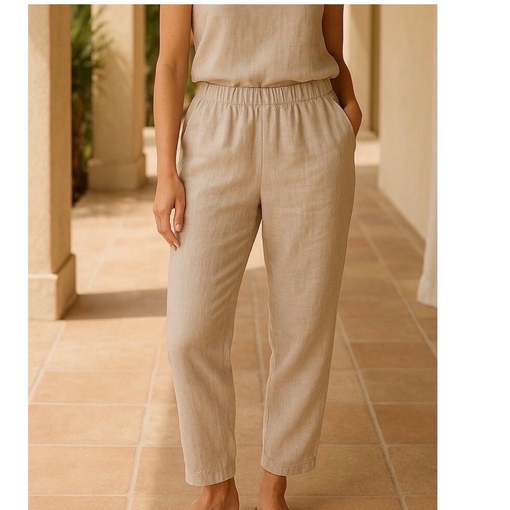 100%‎ Linen Beige Cropped Beach Trousers Pants Rachel Roy Elastic Relaxed Fit S